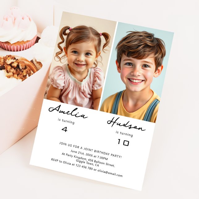 Convite Simple Minimalist Siblings Birthday Party Photo (Criador carregado)