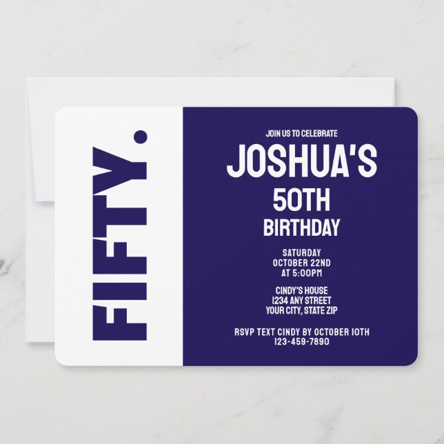Convite Simple Modern Blue and White 50th Birthday (Frente)