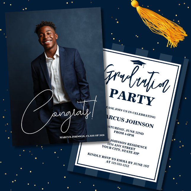 Convite Simple Modern Blue Photo 2026 Graduation Party (Criador carregado)