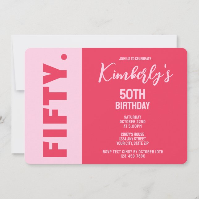 Convite Simple Modern Bold Pink & Red 50th Birthday (Frente)
