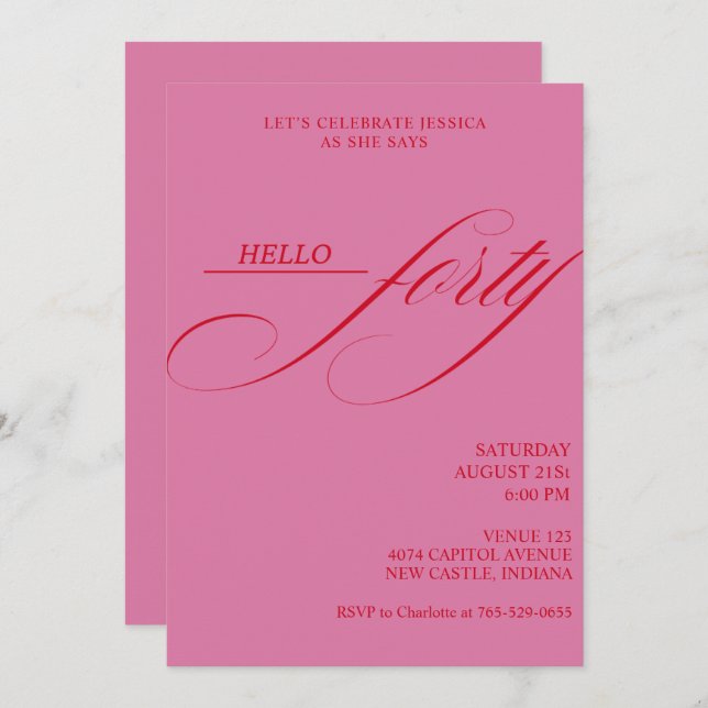 Convite Simple Modern Caligraphy Forty 40th Birthday Party (Frente/Verso)