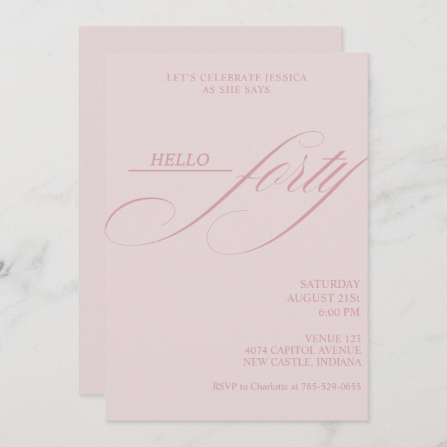 Convite Simple Modern Caligraphy Forty 40th Birthday Party (Frente/Verso)
