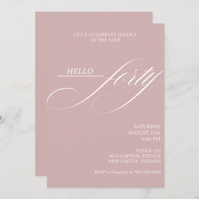 Convite Simple Modern Caligraphy Forty 40th Birthday Party (Frente/Verso)