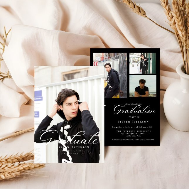 Convite Simple Modern Calligraphy Photo Black Graduation  (Criador carregado)