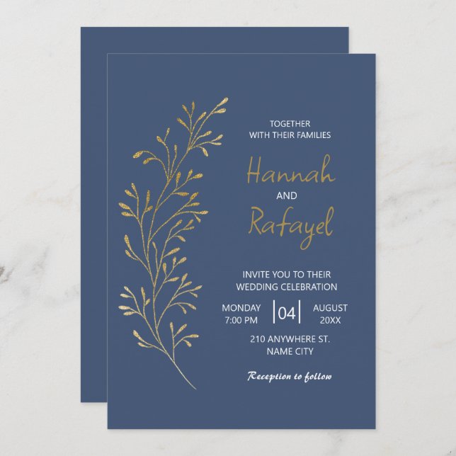 Convite Simple Modern Gold Leaf Blue Wedding (Frente/Verso)