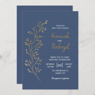 Convite Simple Modern Gold Leaf Blue Wedding