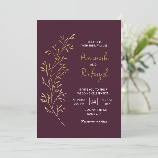 Convite Simple Modern Gold Leaf Burgundy Wedding (Em pé/Frente)