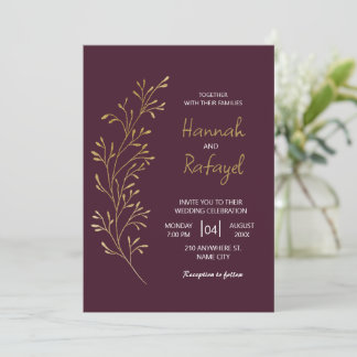 Convite Simple Modern Gold Leaf Burgundy Wedding