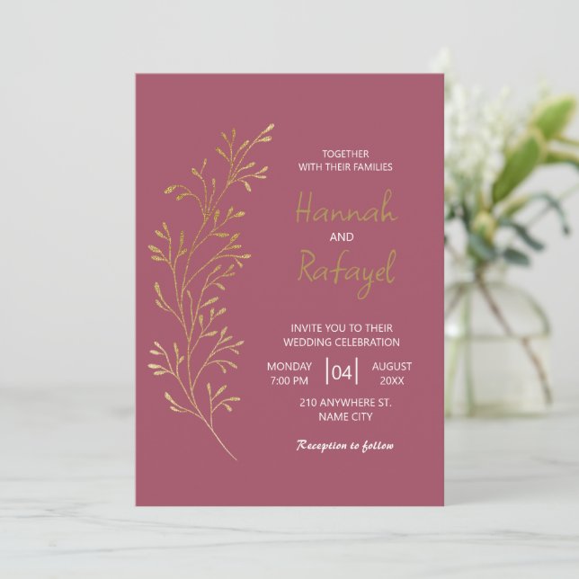Convite Simple Modern Gold Leaf Rose Wedding (Em pé/Frente)