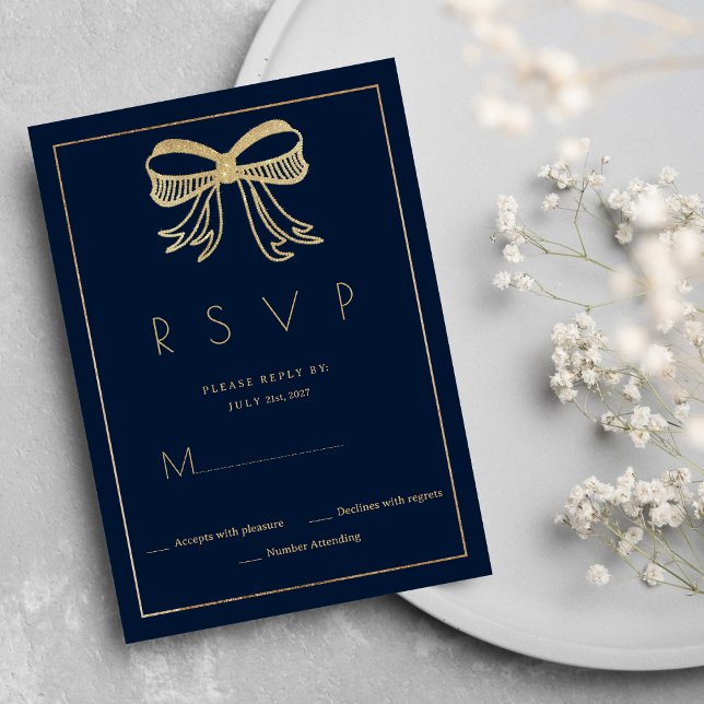 Convite Simple navy blue gold glitter bow ribbon RSVP  (Simple navy blue gold glitter bow ribbon RSVP )