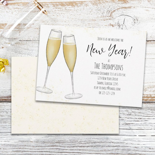 Convite Simple New Years Party Champagne Watercolor  (Criador carregado)