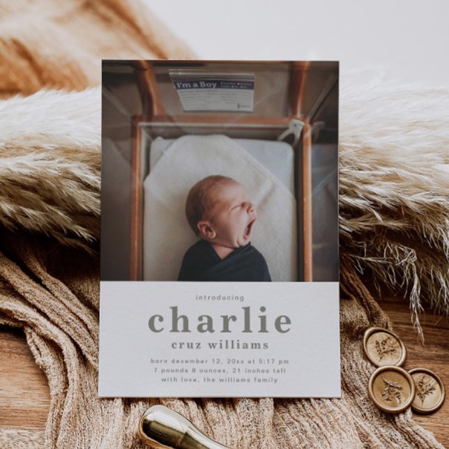 Convite Simple Photo Birth Announcement | Boy's Birth (Criador carregado)