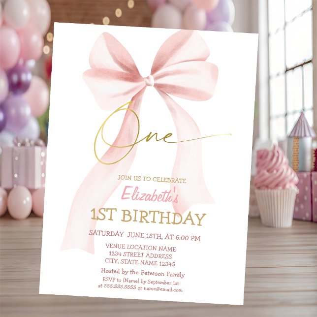 Convite Simple Pink Bow Pink Striped 1st Birthday  (Criador carregado)