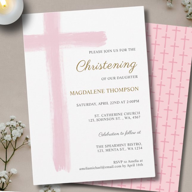 Convite Simple Pink Cross Girl Christening Baptism (Criador carregado)