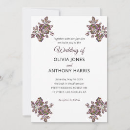 Convite Simple Purple Roses Elegant Modern Floral Wedding