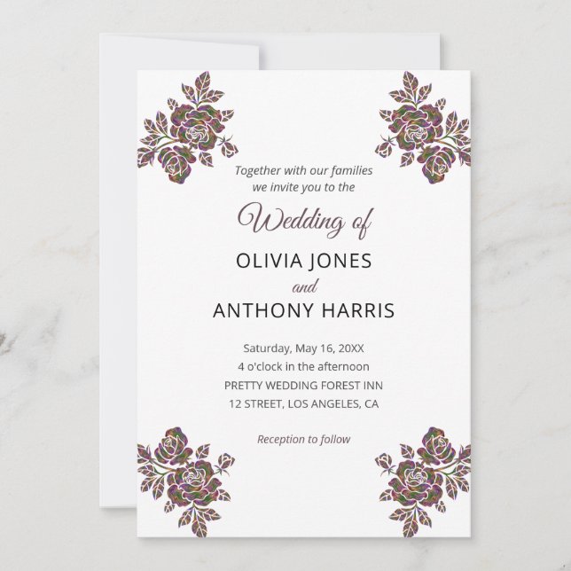 Convite Simple Purple Roses Elegant Modern Floral Wedding  (Frente)