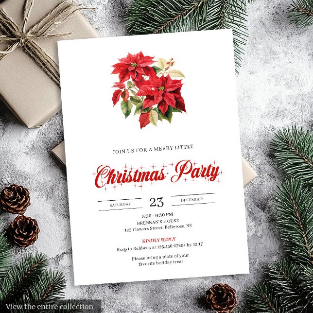 Convite Simple Red Poinsettia Botanical Holiday Christmas  (Simple Red Poinsettia Botanical Holiday Christmas Invitation)