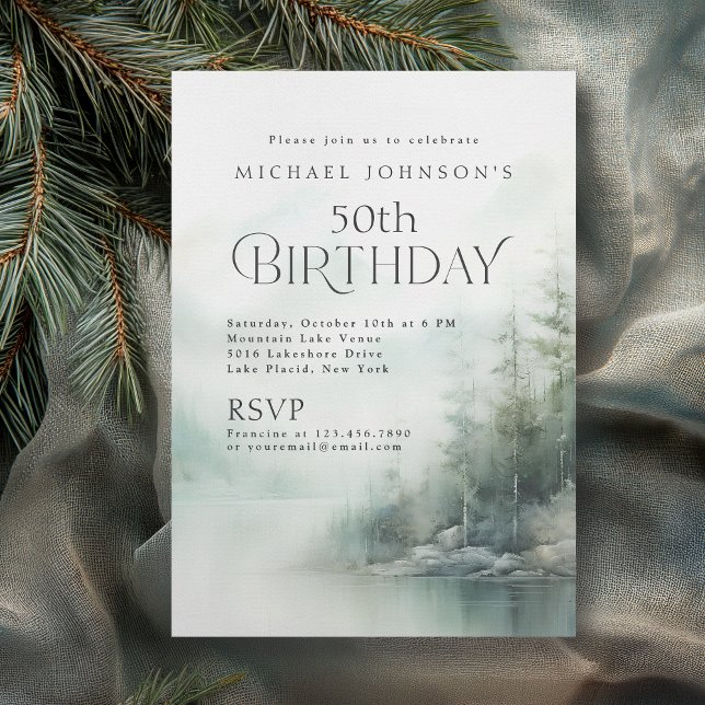 Convite Simple Rustic Mountain Lake 50th Birthday (Available in both printed and instant download digital formats.)