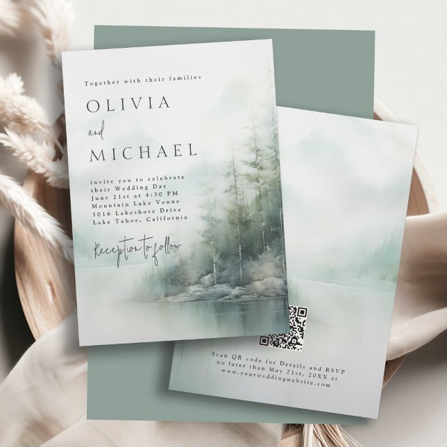 Convite Simple Rustic Mountain Lake Misty Pines Wedding (Available in both printed and instant download digital formats.)