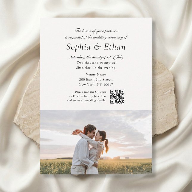 Convite Simple Script 2 Photo QR Code Off White Wedding (Criador carregado)