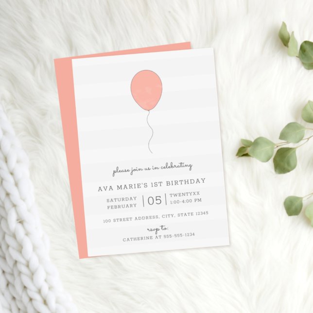 Convite Simple Shabby Chic Pink and Gray Balloon Birthday (Criador carregado)