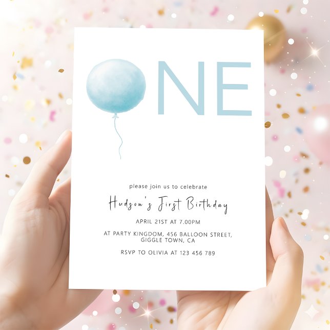Convite Simple Soft Blue Balloon Boy First Birthday (Criador carregado)