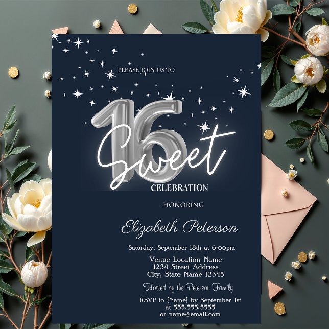 Convite Simple Stars Azul Marinho Sweet 16  (Criador carregado)
