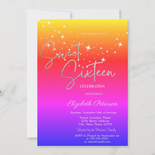 Convite Simple Stars Ombre Sweet 16  (Frente)