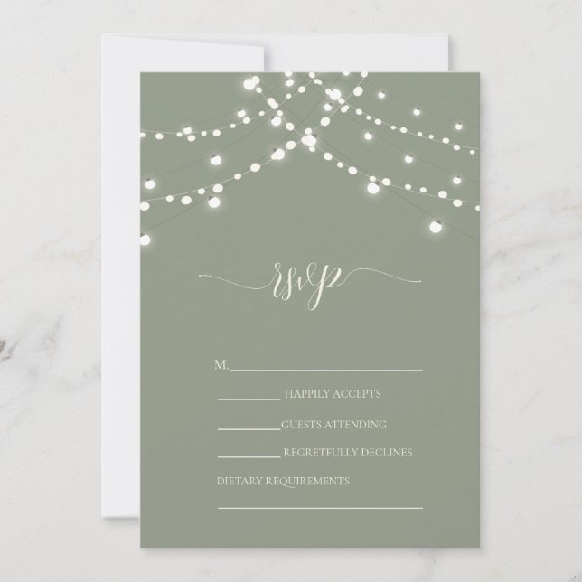 Convite Simple String Lights Sage Green Wedding RSVP   (Frente)