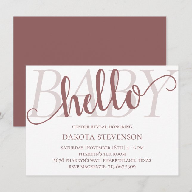 Convite Simple Taupe Hello Baby | Script Mauve Rosa do Des (Frente/Verso)