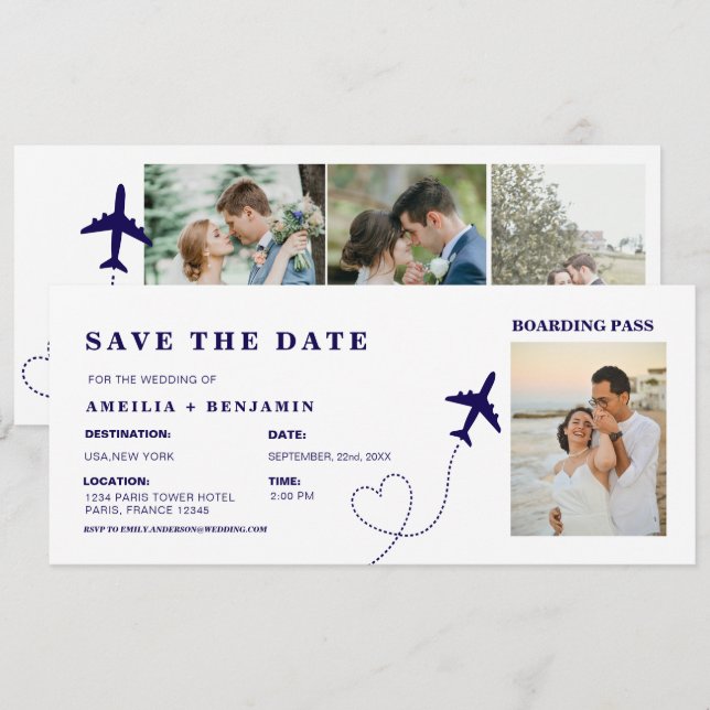 Convite Simple Travel Boarding Pass Destination wedding  (Frente/Verso)