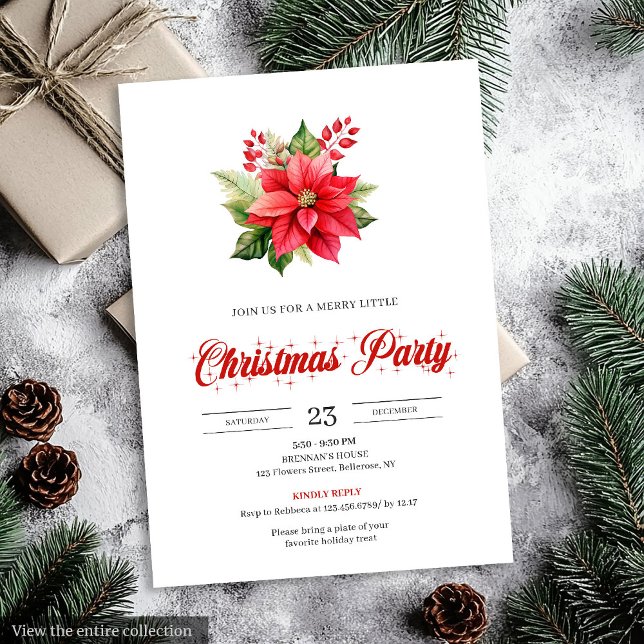 Convite Simple Vintage Red Poinsettia Floral Christmas  (Simple Vintage Red Poinsettia Floral Christmas Invitation)