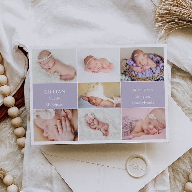 Convite Simple Violet Baby Photo Collage Announcement Card (Criador carregado)