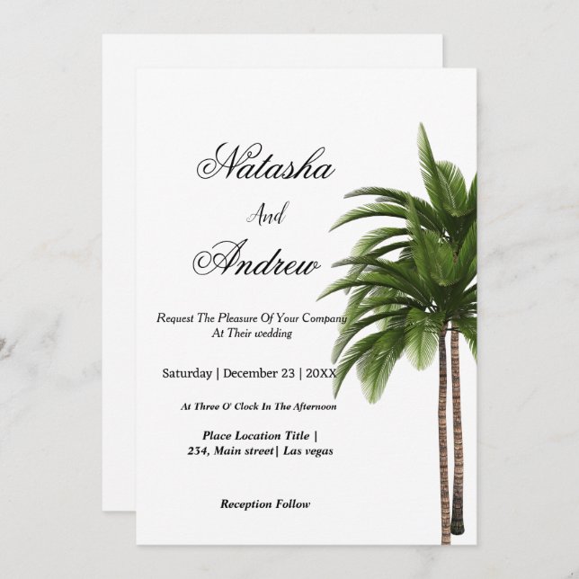 Convite simple watercolor palm tree wedding invitation (Frente/Verso)