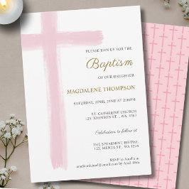 Convite Simple Watercolor Pink Cross Girl Baptism