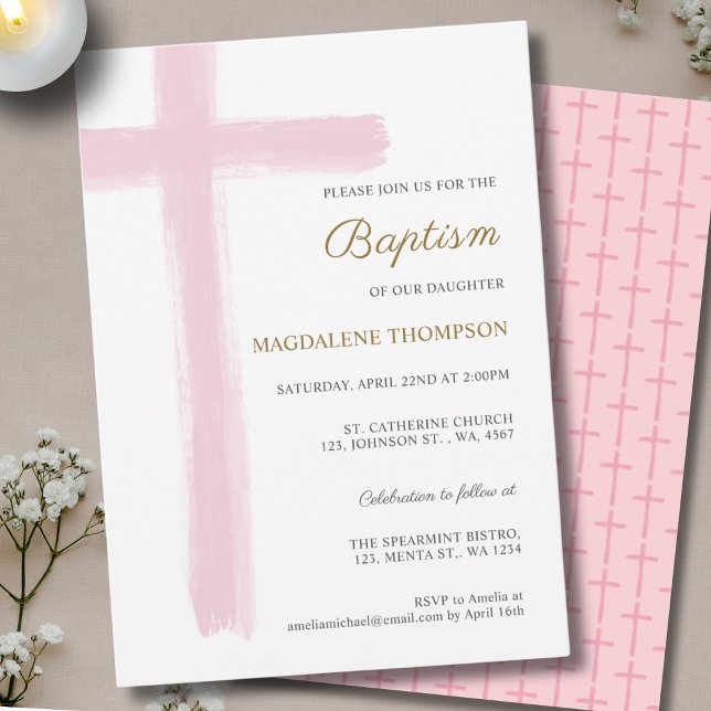 Convite Simple Watercolor Pink Cross Girl Baptism (Criador carregado)