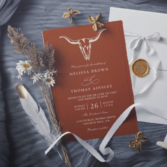 Convite Simple Western Bohemian Cow Skull QR Code Wedding  (Criador carregado)