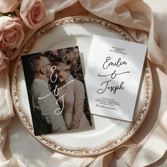 Convite Simple Whimsical Handwritten Wedding Photo (Criador carregado)