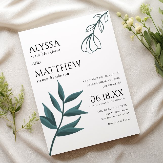Convite Simple white forest green foliage floral wedding  (Simple white forest green foliage floral wedding)