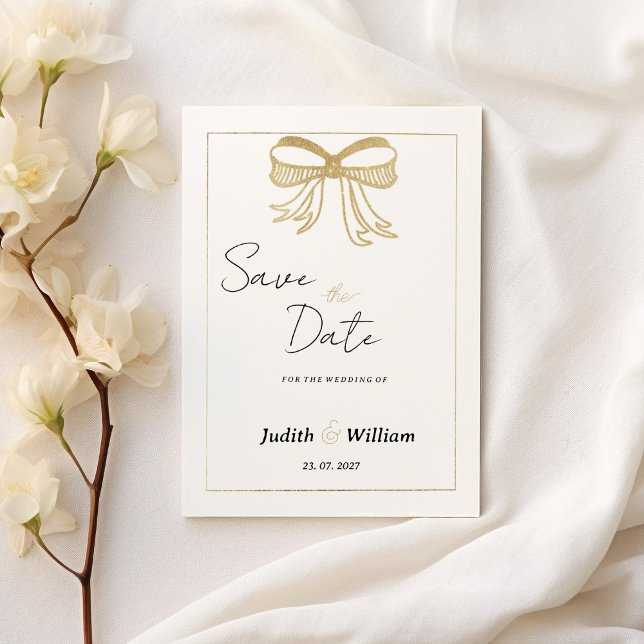 Convite Simple white gold glitter bow ribbon Save the Date (Simple white gold glitter bow ribbon Save the Date)
