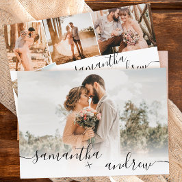 Convite Simple white minimalist script 5 photos wedding