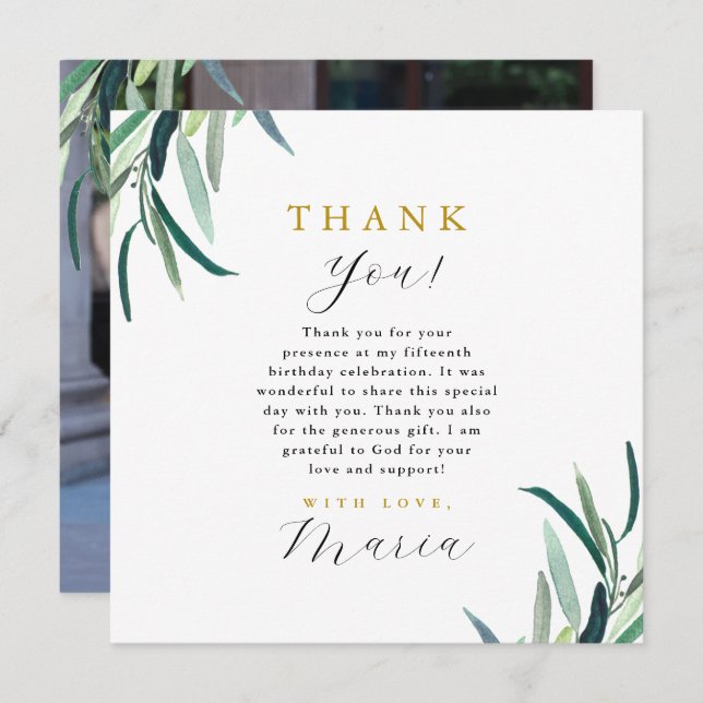Convite Simples 15 Botânico Aniversário Obrigado Foto (Frente/Verso)
