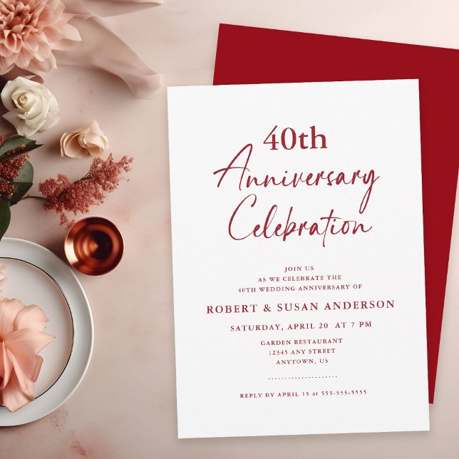 Convite Simples 40º Aniversário de Casamento Ruby Red (Criador carregado)
