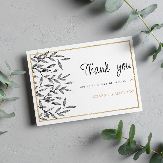 Convite Simples agradecimentos florais em preto e branco d (Simple black white gold floral foliage Thank You )