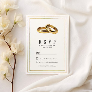 Convite Simples anéis de RSVP elegantes branco e dourado