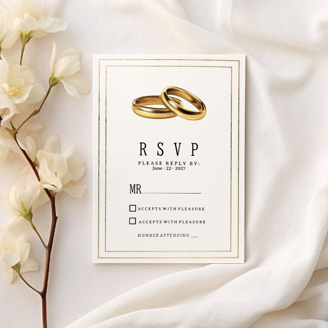Convite Simples anéis de RSVP elegantes branco e dourado (Simple elegant white and gold rings RSVP )
