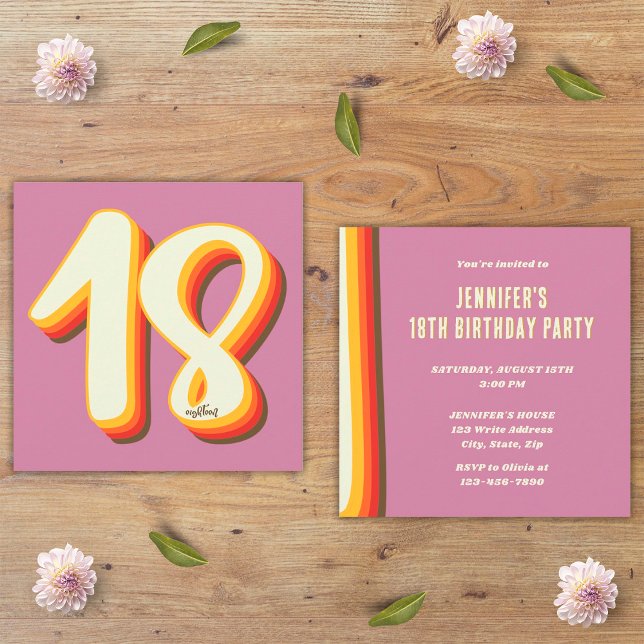 Convite Simples Aniversário de 18 anos Rosa Moderno Retrô  (Front and Back)