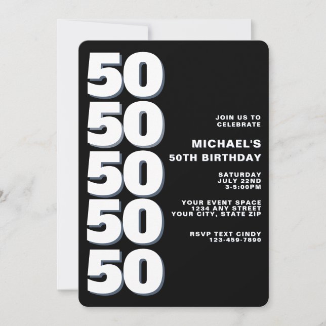 Convite Simples Aniversário de 50 anos Preto e Branco (Frente)