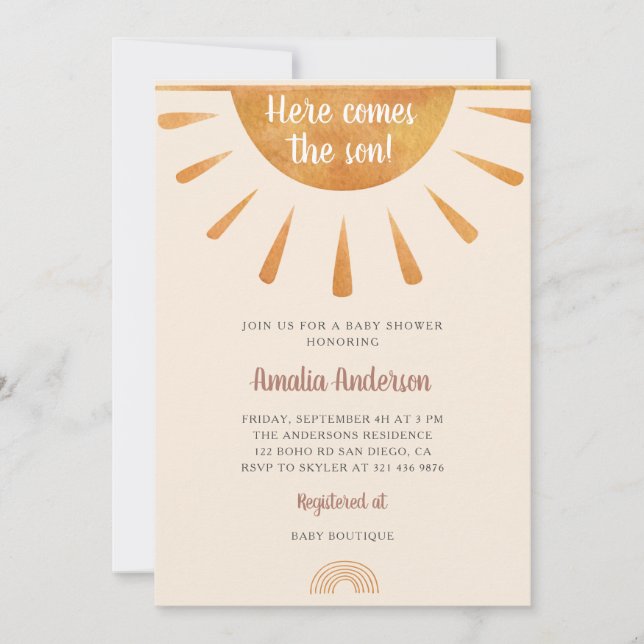 Convite Simples Aquarela Aqui Vem o Chá de fraldas Filho (Frente)