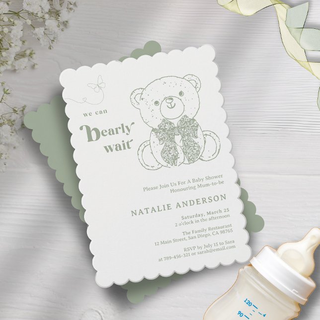 Convite Simples Arco Verde Que Podemos Ampliar Chá de fral (Simple Green Bow We Can Bearly Wait Baby Shower Invitation)